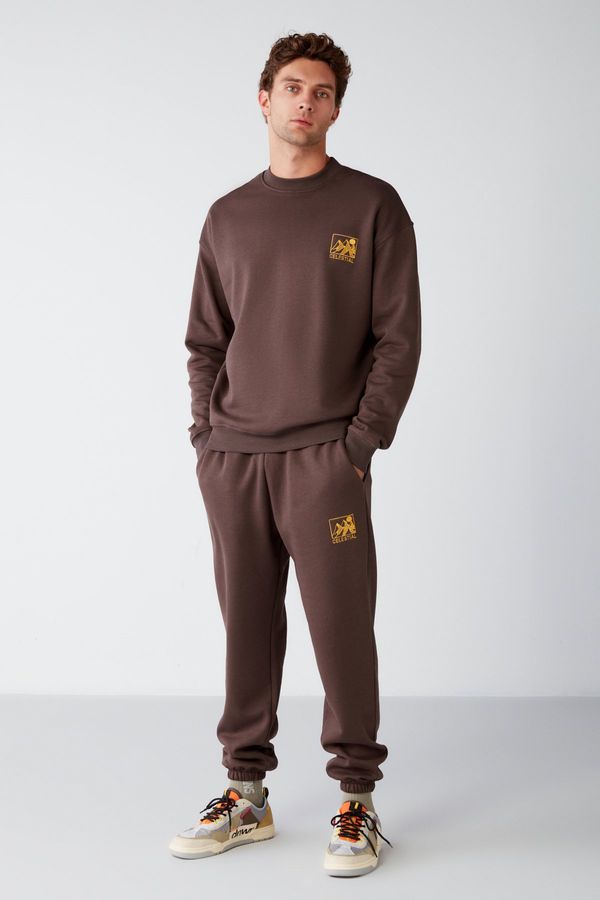 GRIMELANGE GRIMELANGE Benji Men's Soft Fabric Embroidered Brown Tracksuit Set