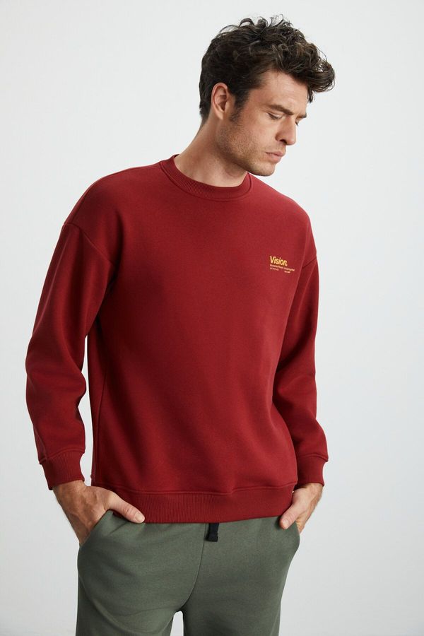 GRIMELANGE GRIMELANGE Ernest Men's Soft Inside Fleece Print Detailed Organic Cotton Oversize Claret Red Sweatshir