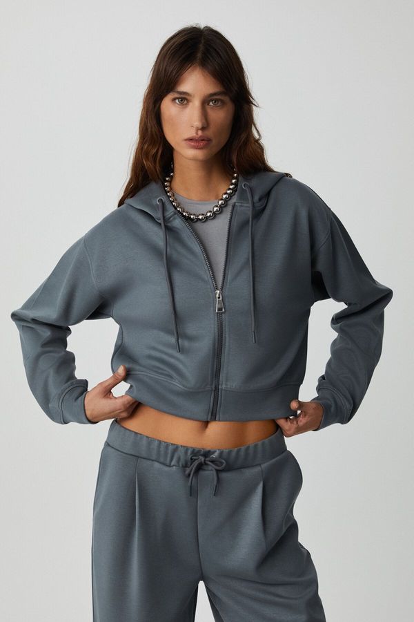 GRIMELANGE GRIMELANGE JILL Women's Relaxed Fit Casual Fit Hooded Zippered Knitted Crop Dark Gray Sweatshirt