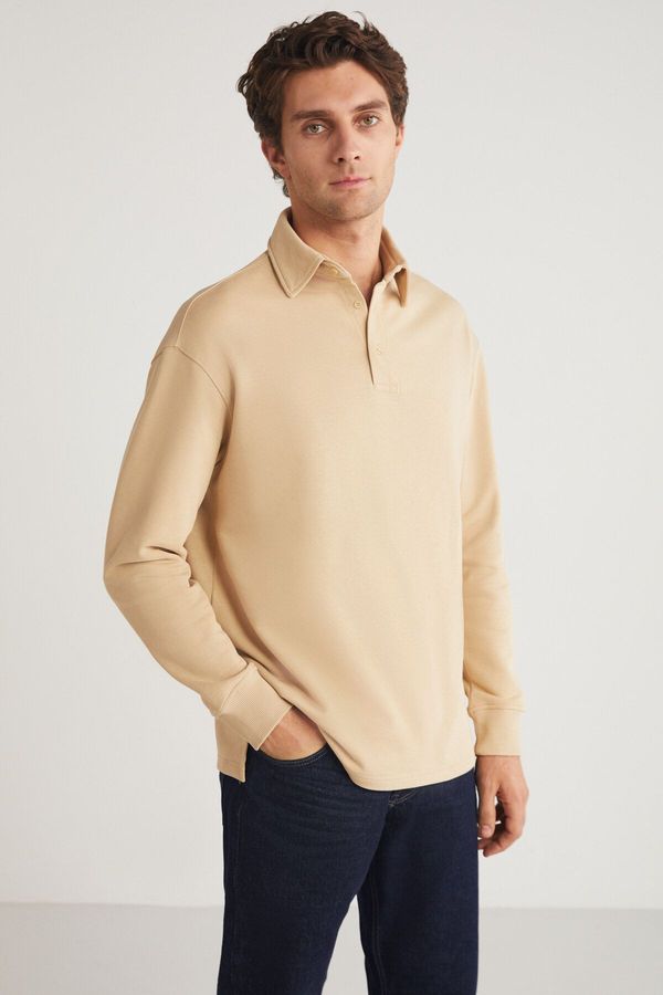 GRIMELANGE GRIMELANGE JOHN Men's Polo Sweat Shirt Collar Long Back Slit Diagonel Fabric Beige Sweatshirt