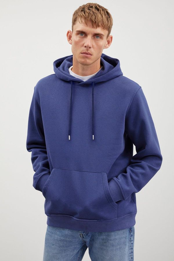 GRIMELANGE GRIMELANGE Jorge Men's Soft Hooded Organic Cotton Kangaroo Pocket Regular Navy Blue Sweatshirt