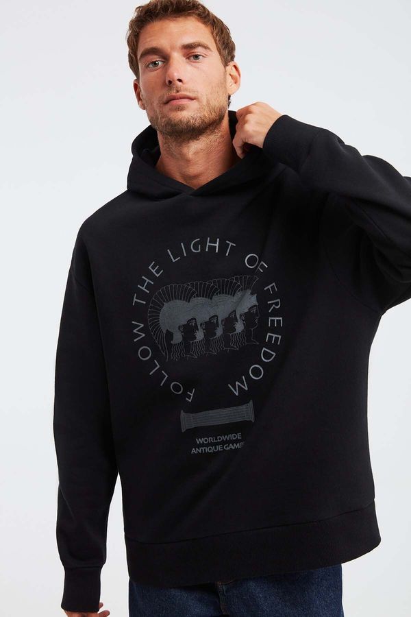 GRIMELANGE GRIMELANGE Olympos Men's 100% Organic Cotton 3 Thread Oversize Printed Hooded Black Sweatshirt with Cor