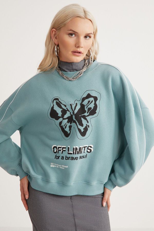 GRIMELANGE GRIMELANGE Racquet Women's Polar Fleece Soft Crew Neck Piping and Piece Printed Relaxed Green Sweatshirt