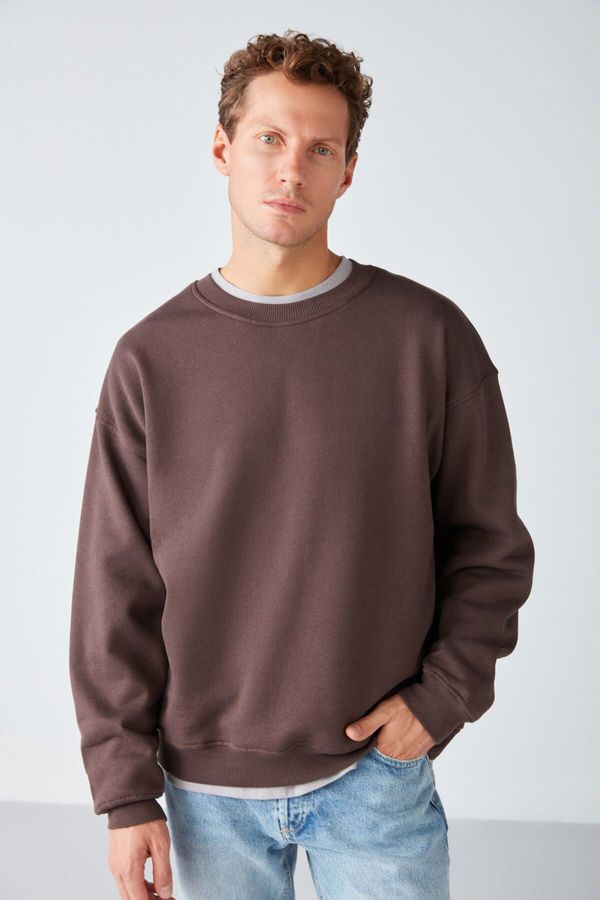 GRIMELANGE GRIMELANGE Stephan Men's Soft Fabric Organic Cotton Oversize Fit Round Neck Brown Sweatshir