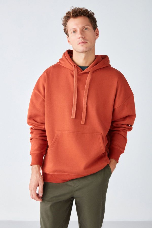GRIMELANGE GRIMELANGE Steve Men's Soft Fabric Corded Oversize Hooded Kangaroo Pocket Brick Color Sweatshirt