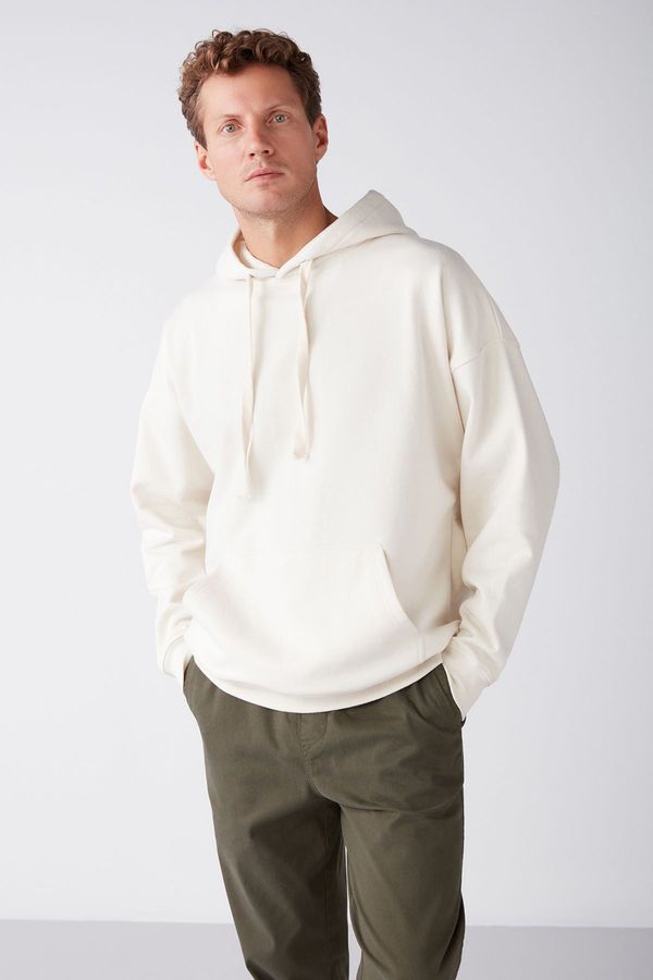 GRIMELANGE GRIMELANGE Steve Men's Soft Light Fabric Corded Oversize Hooded Kangaroo Pocket Ecru Sweatshirt