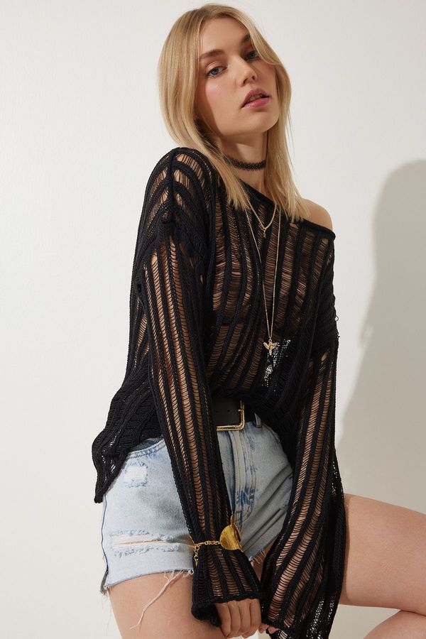 Happiness İstanbul Happiness İstanbul Women's Black Low Shoulder Summer Openwork Knitwear Blouse