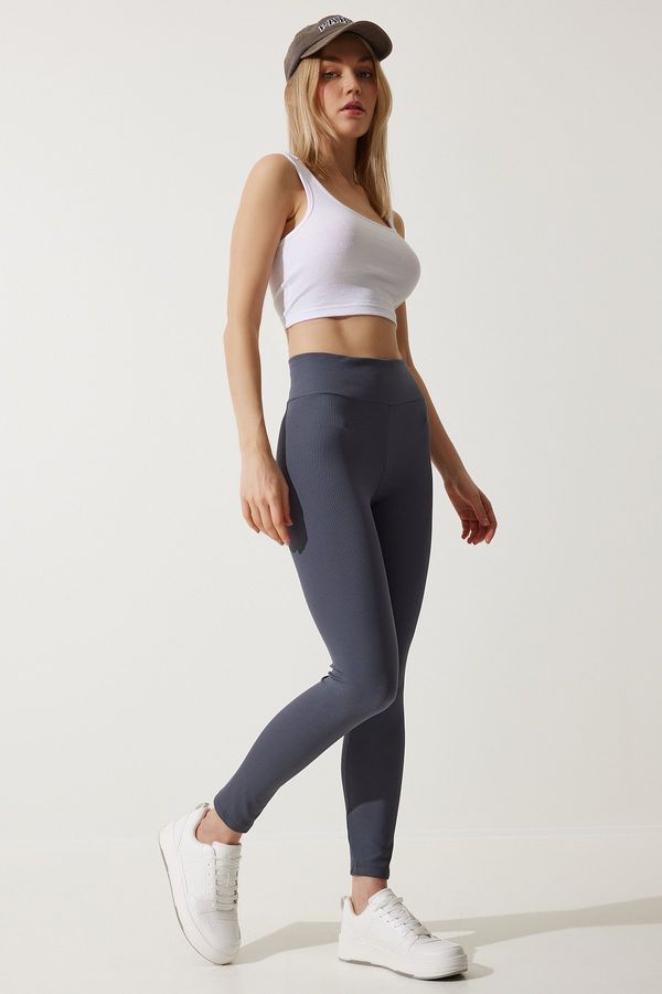 Happiness İstanbul Happiness İstanbul Women's Anthracite High Waist Ribbed Knitted Tights