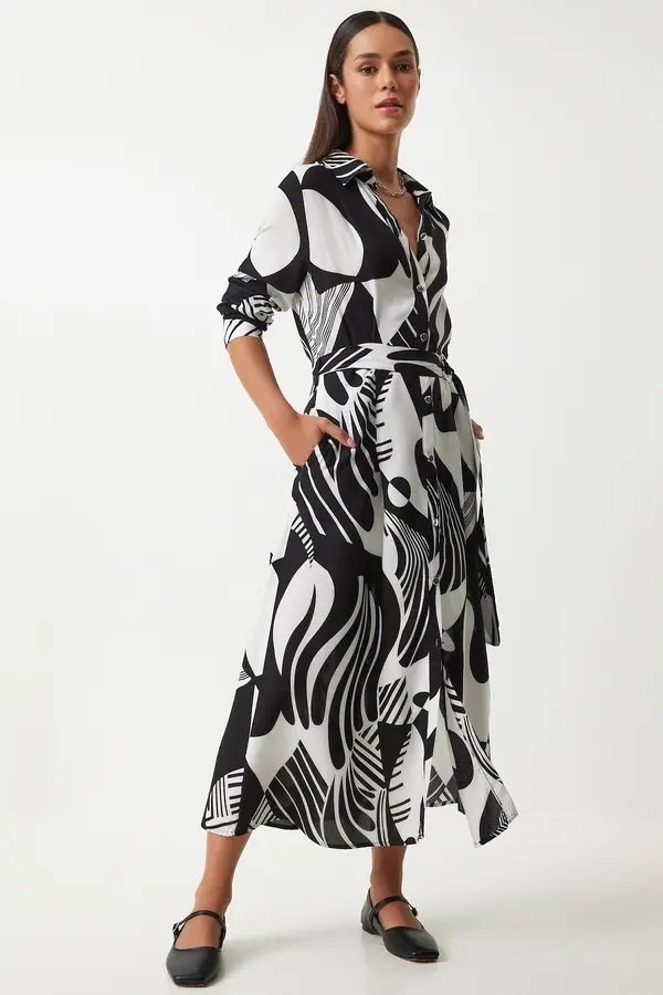 Happiness İstanbul Happiness İstanbul Women's Black and White Patterned Belted Viscose Shirt Dress