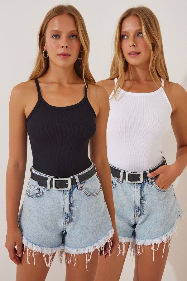 Happiness İstanbul Happiness İstanbul Women's Black and White Ribbed Crop Halter Collar Double Knitted Undershirt