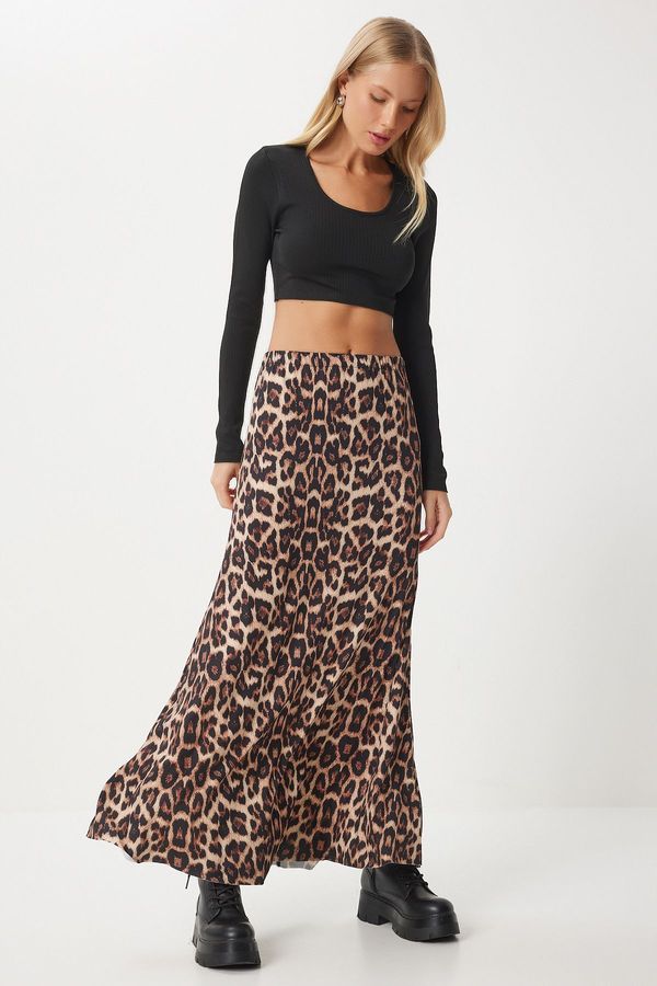 Happiness İstanbul Happiness İstanbul Women's Black Beige Leopard Patterned Long Woven Skirt