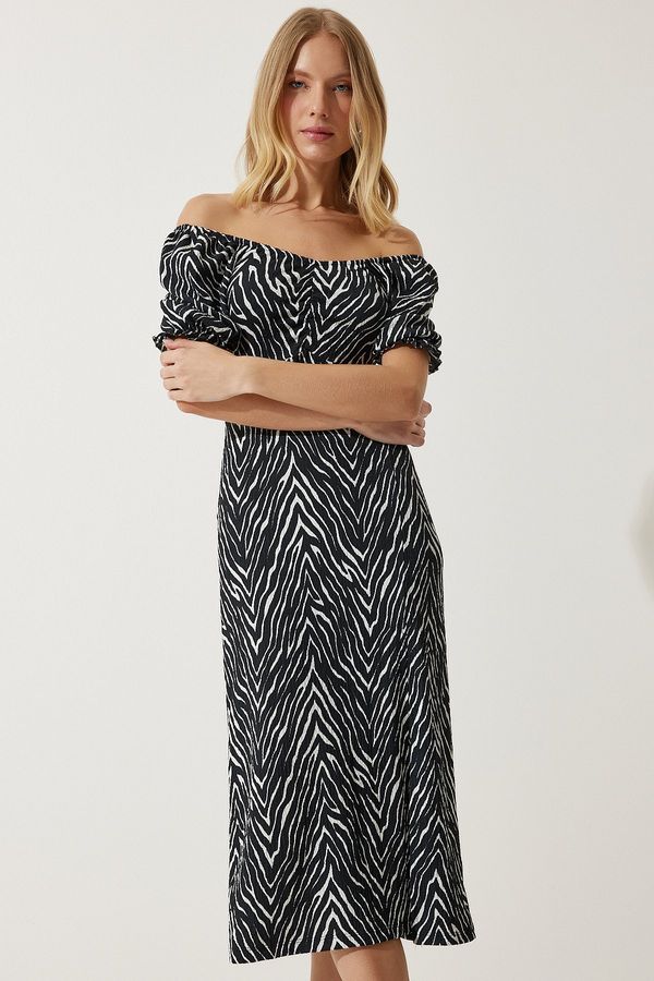 Happiness İstanbul Happiness İstanbul Women's Black Elastic Carmen Collar Summer Dress