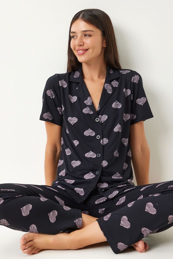 Happiness İstanbul Happiness İstanbul Women's Black Heart Shirt Trousers Pajama Set