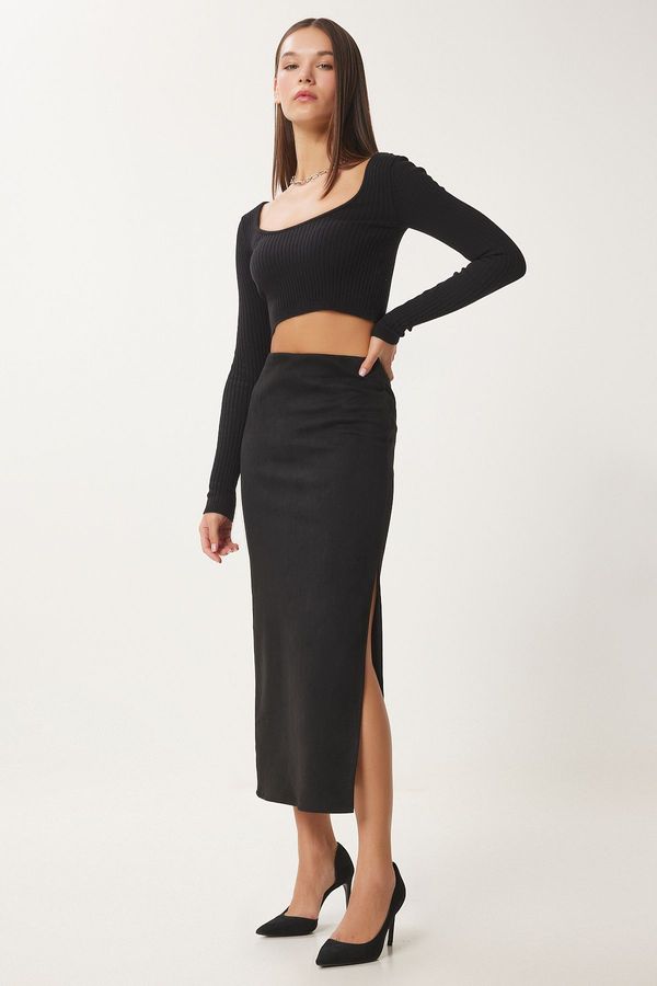 Happiness İstanbul Happiness İstanbul Women's Black Slit Long Suede Skirt