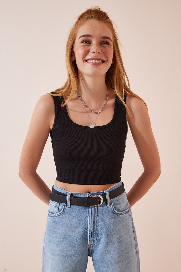 Happiness İstanbul Happiness İstanbul Women's Black Square Neck Strappy Ribbed Crop Blouse