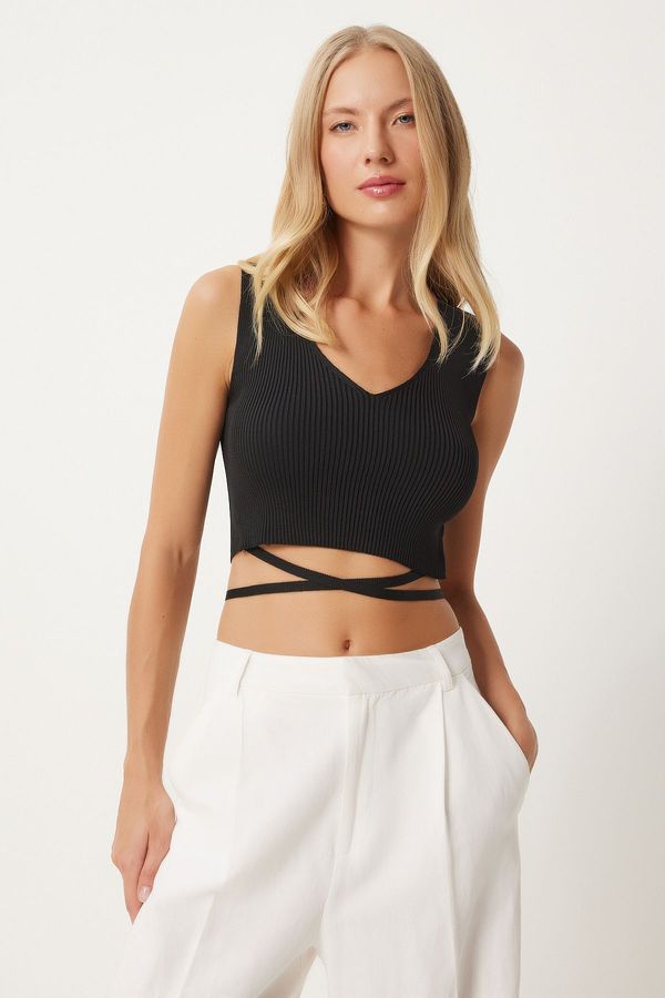 Happiness İstanbul Happiness İstanbul Women's Black Tie Detailed V Neck Ribbed Knitwear Blouse