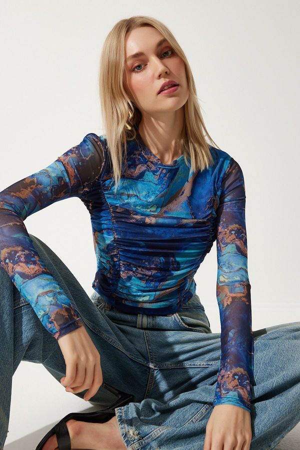 Happiness İstanbul Happiness İstanbul Women's Blue Light Transparent Crop Tulle Knitted Blouse