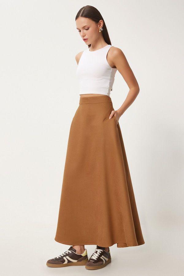 Happiness İstanbul Happiness İstanbul Women's Camel Pocket Jacquard Suede Flared Skirt