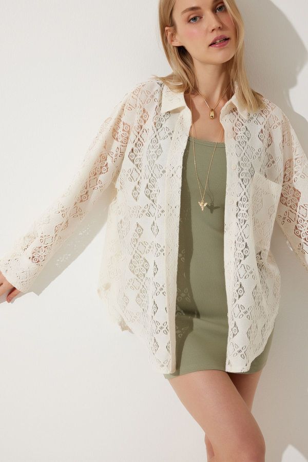 Happiness İstanbul Happiness İstanbul Women's Cream Premium Oversize Lace Shirt