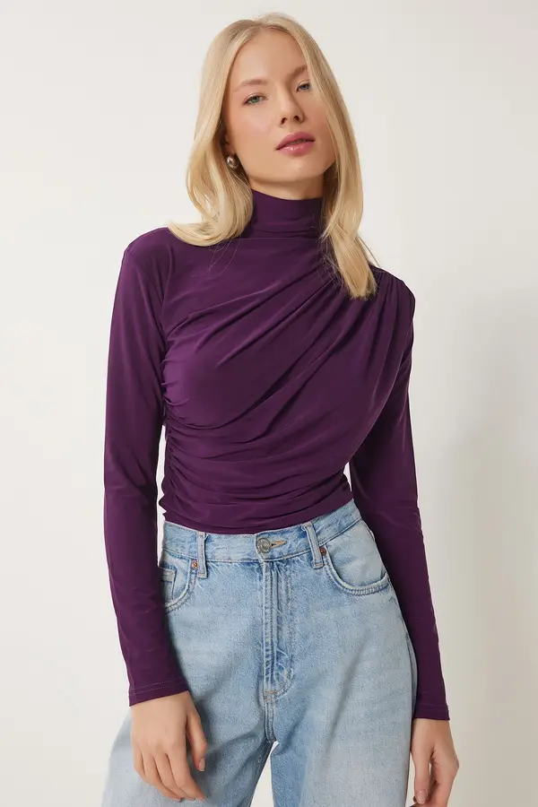 Happiness İstanbul Happiness İstanbul Women's Damson Gathered Detailed High Neck Sandy Blouse