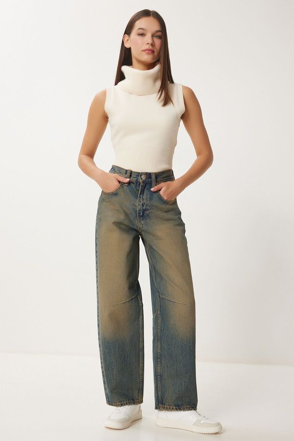 Happiness İstanbul Happiness İstanbul Women's Dark Blue High Waist Faded Effect Baggy Jeans