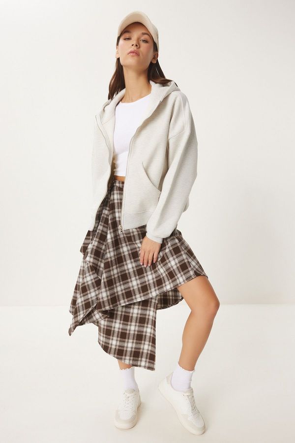 Happiness İstanbul Happiness İstanbul Women's Gray Melange Hooded Zippered Raised Sweatshirt