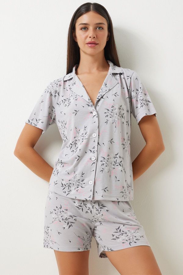 Happiness İstanbul Happiness İstanbul Women's Gray Patterned Viscose Shorts Shirt Pajama Set