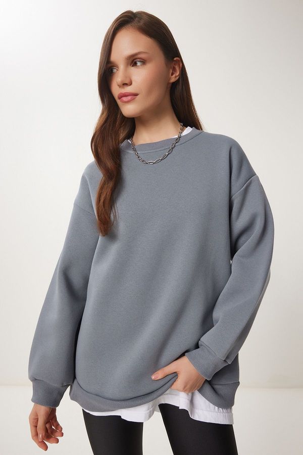 Happiness İstanbul Happiness İstanbul Women's Gray Raised Basic Sweatshirt