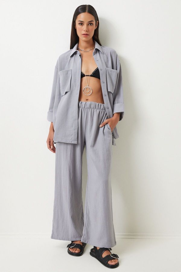 Happiness İstanbul Happiness İstanbul Women's Gray Wide Pocket Linen Blend Shirt and Trousers Set