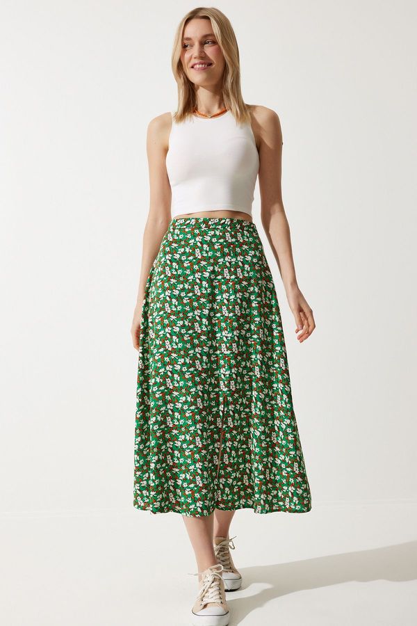 Happiness İstanbul Happiness İstanbul Women's Green Orange Floral Slit Summer Viscose Skirt