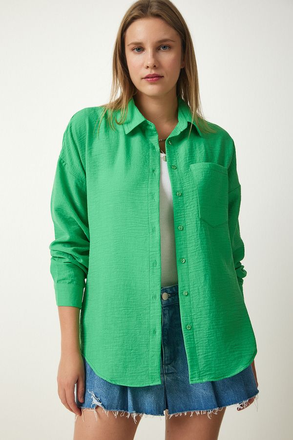 Happiness İstanbul Happiness İstanbul Women's Green Oversize Linen Ayrobin Shirt