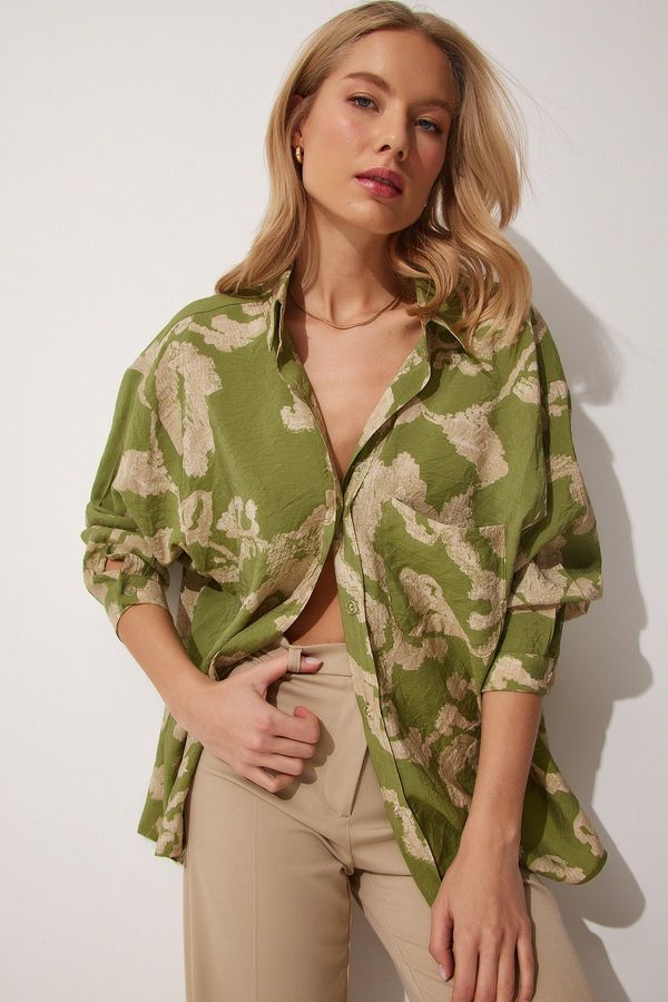 Happiness İstanbul Happiness İstanbul Women's Green Patterned Oversize Cotton Satin Shirt