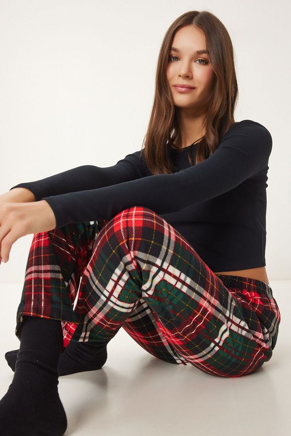 Happiness İstanbul Happiness İstanbul Women's Green Red Patterned Soft Texture Knitted Pajama Bottoms
