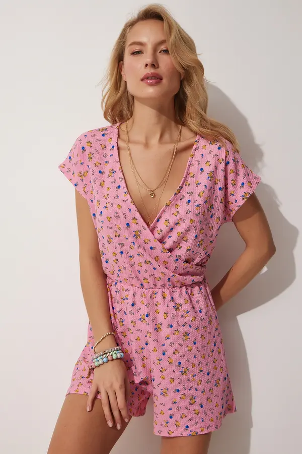 Happiness İstanbul Happiness İstanbul Women's Light Pink Printed Overalls with Wrapover Collar