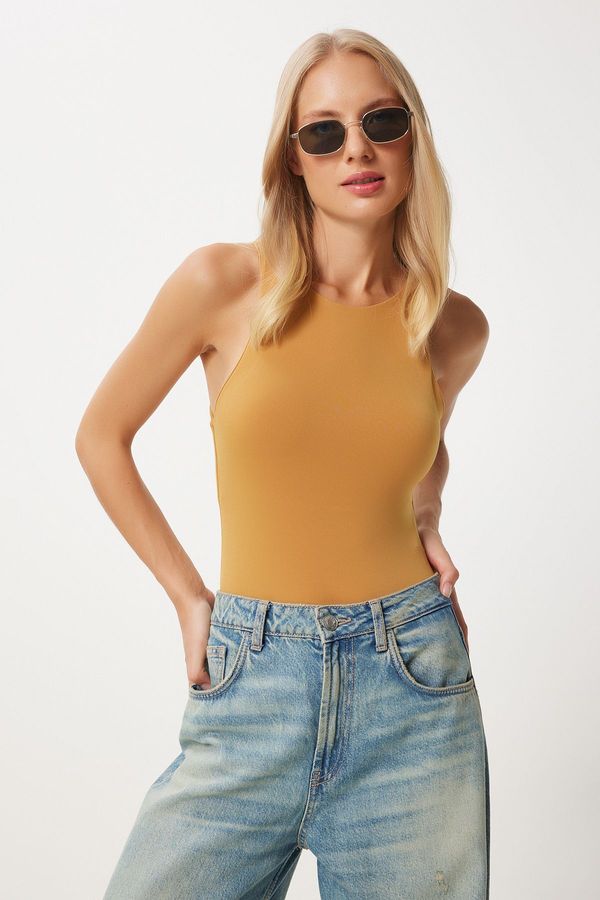 Happiness İstanbul Happiness İstanbul Women's Mustard Crew Neck Snap Woven Bodysuit