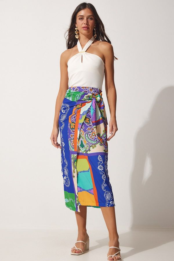 Happiness İstanbul Happiness İstanbul Women's Navy Blue Green Patterned Satin Surface Viscose Wrapped Skirt