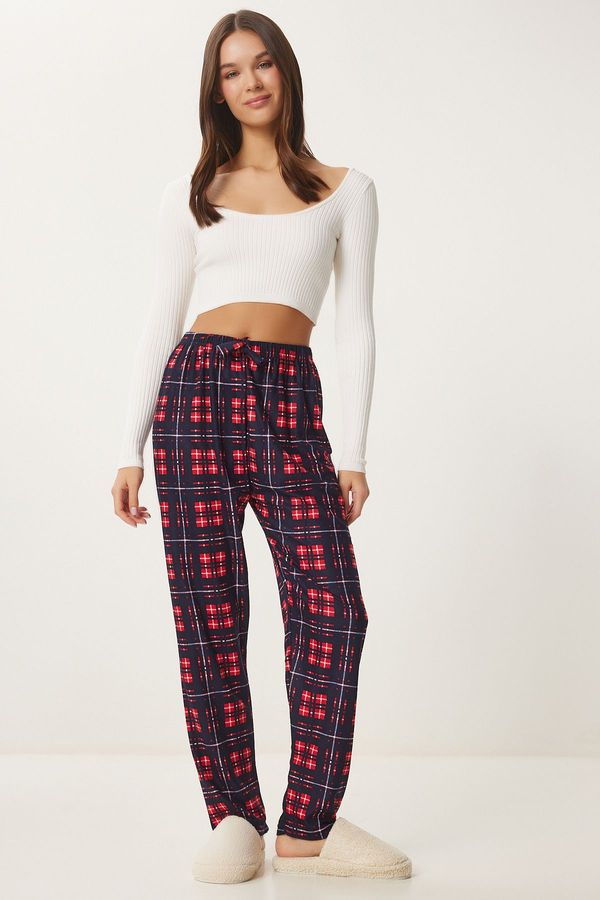 Happiness İstanbul Happiness İstanbul Women's Navy Blue Red Patterned Soft Texture Knitted Pajama Bottoms