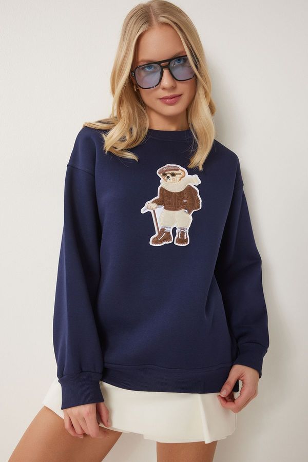 Happiness İstanbul Happiness İstanbul Women's Navy Blue Teddy Bear Emblem Raised Knitted Sweatshirt