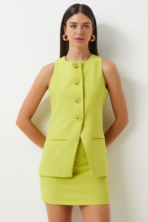 Happiness İstanbul Happiness İstanbul Women's Oil Green Sleeveless Vest Mini Skirt Woven Suit