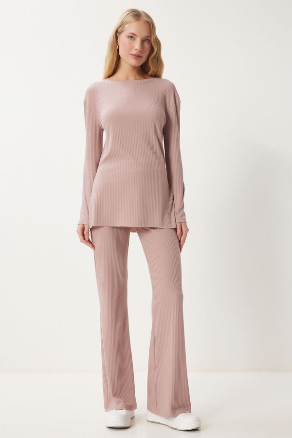 Happiness İstanbul Happiness İstanbul Women's Powder Comfortable Ribbed Knitted Blouse Trousers Set
