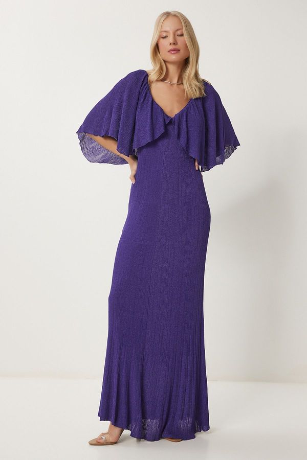 Happiness İstanbul Happiness İstanbul Women's Purple Glittery Cape Sleeve Long Knitted Dress