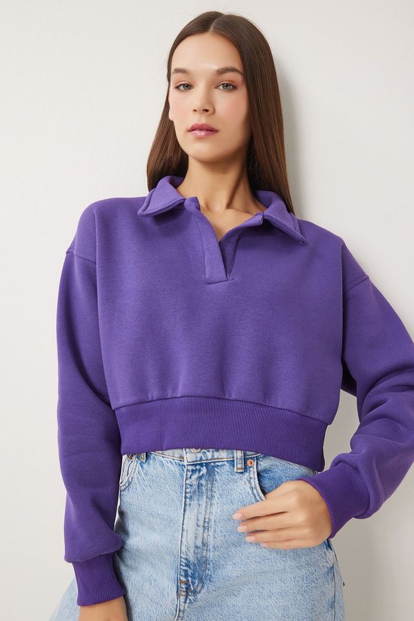 Happiness İstanbul Happiness İstanbul Women's Purple Polo Collar Raised Crop Knitted Sweatshirt