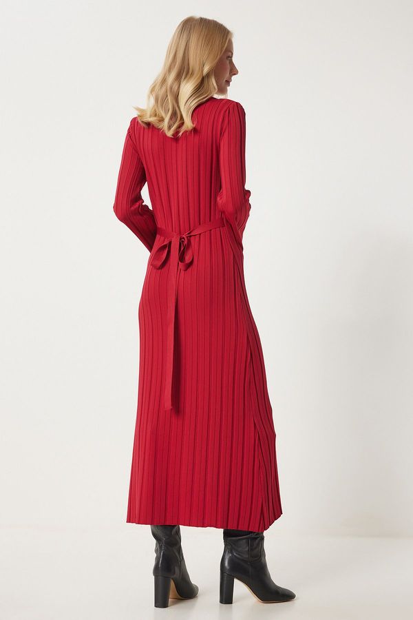 Happiness İstanbul Happiness İstanbul Women's Red Belted Ribbed Long Knit Dress