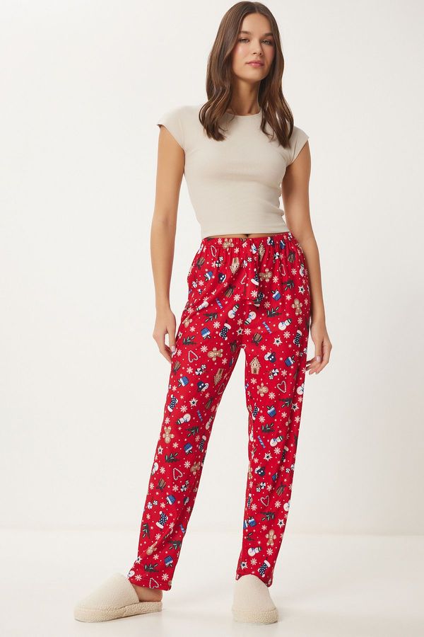 Happiness İstanbul Happiness İstanbul Women's Red White Patterned Soft Texture Knitted Pajama Bottoms