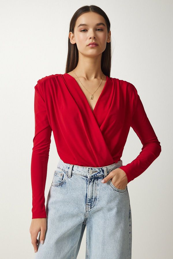 Happiness İstanbul Happiness İstanbul Women's Red Wrap Collar Snap-Up Knitted Blouse