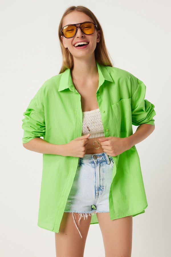 Happiness İstanbul Happiness İstanbul Women's Vivid Green Single Pocket Summer Oversize Voile Shirt
