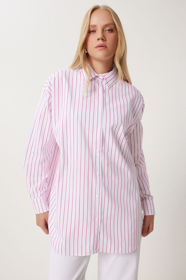 Happiness İstanbul Happiness İstanbul Women's White Pink Striped Oversize Long Woven Shirt