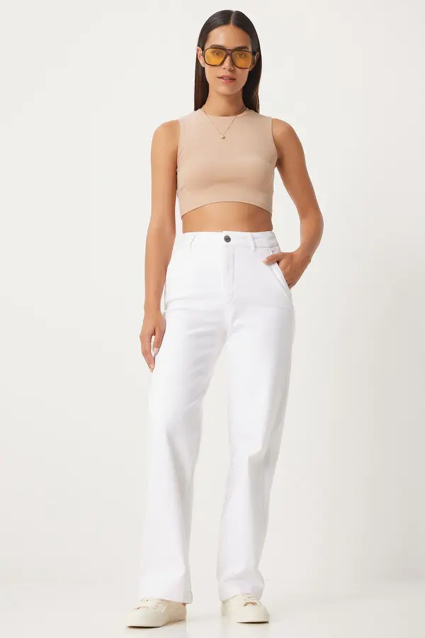 Happiness İstanbul Happiness İstanbul Women's White Wide Leg High Waist Jeans