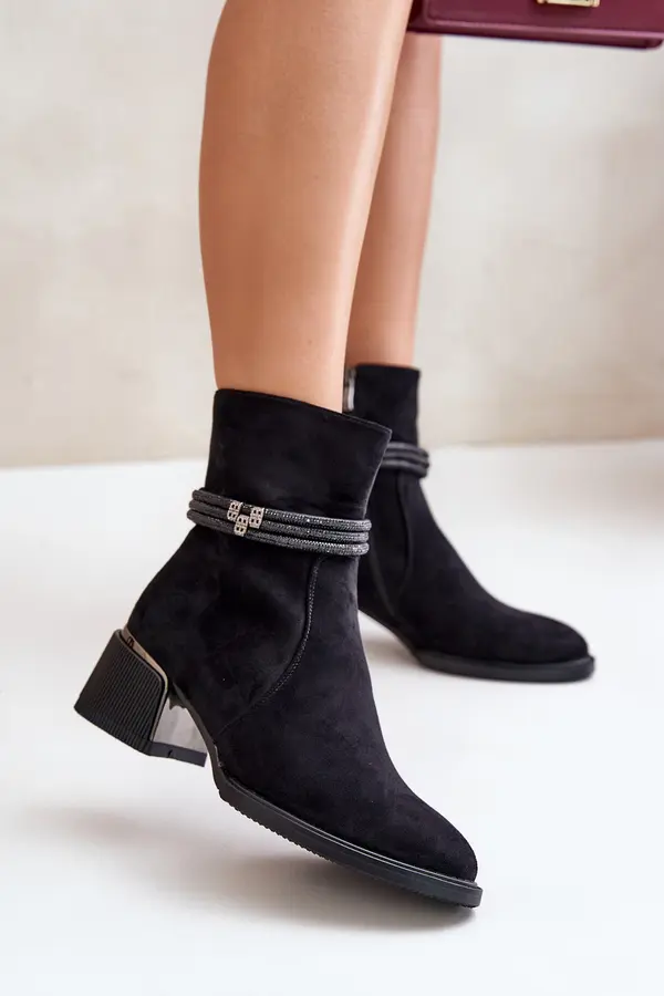 S. BARSKI Insulated women's ankle boots on a low heel with decorative straps D&A black