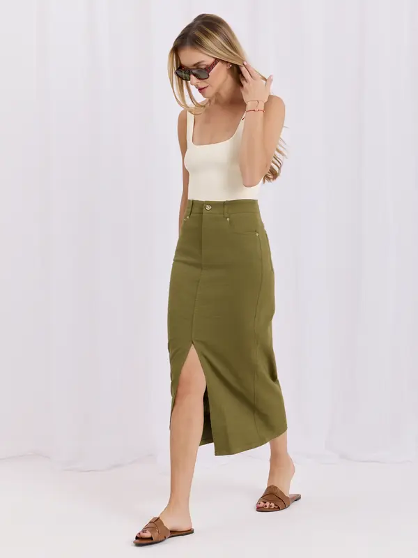Factory Price Kaki traper midi suknja s visokim strukom